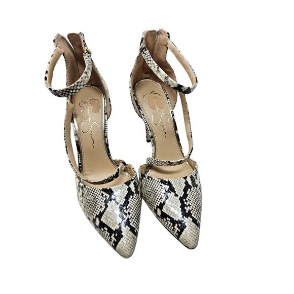 Jessica Simpson 7 Snakeskin Ankle Strap Heel Glam Career Black White Leather - Picture 2 of 5
